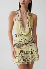 Adalee Mesh Halter Mini Dress - Yellow Floral Leopard Print