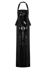 Bertie Sequin Peplum Halter Maxi Dress - Black