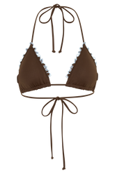 Bloom Embroidered Triangle Bikini Top - Chocolate With Pale Blue Embroidery