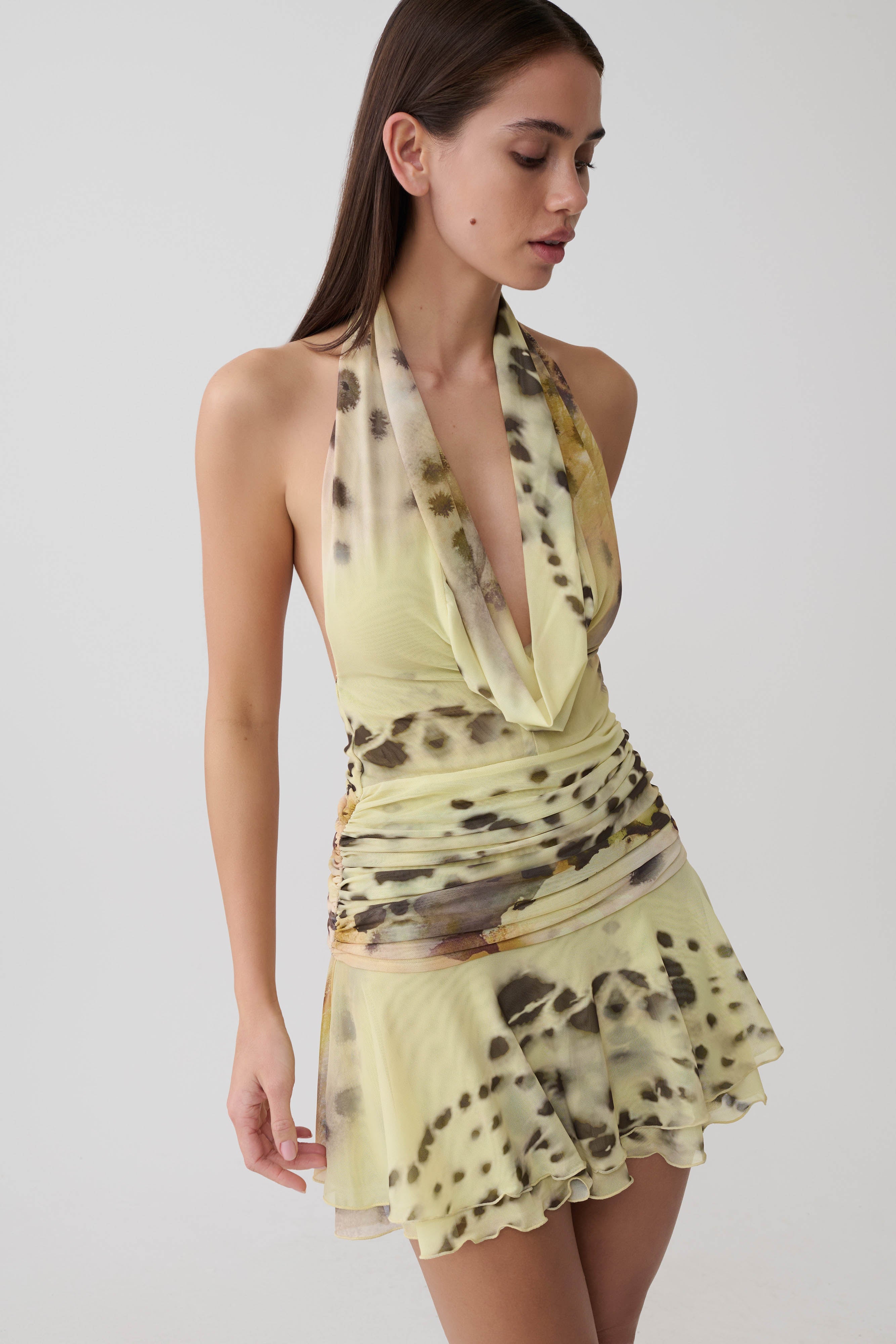 Adalee Mesh Halter Mini Dress - Yellow Floral Leopard Print