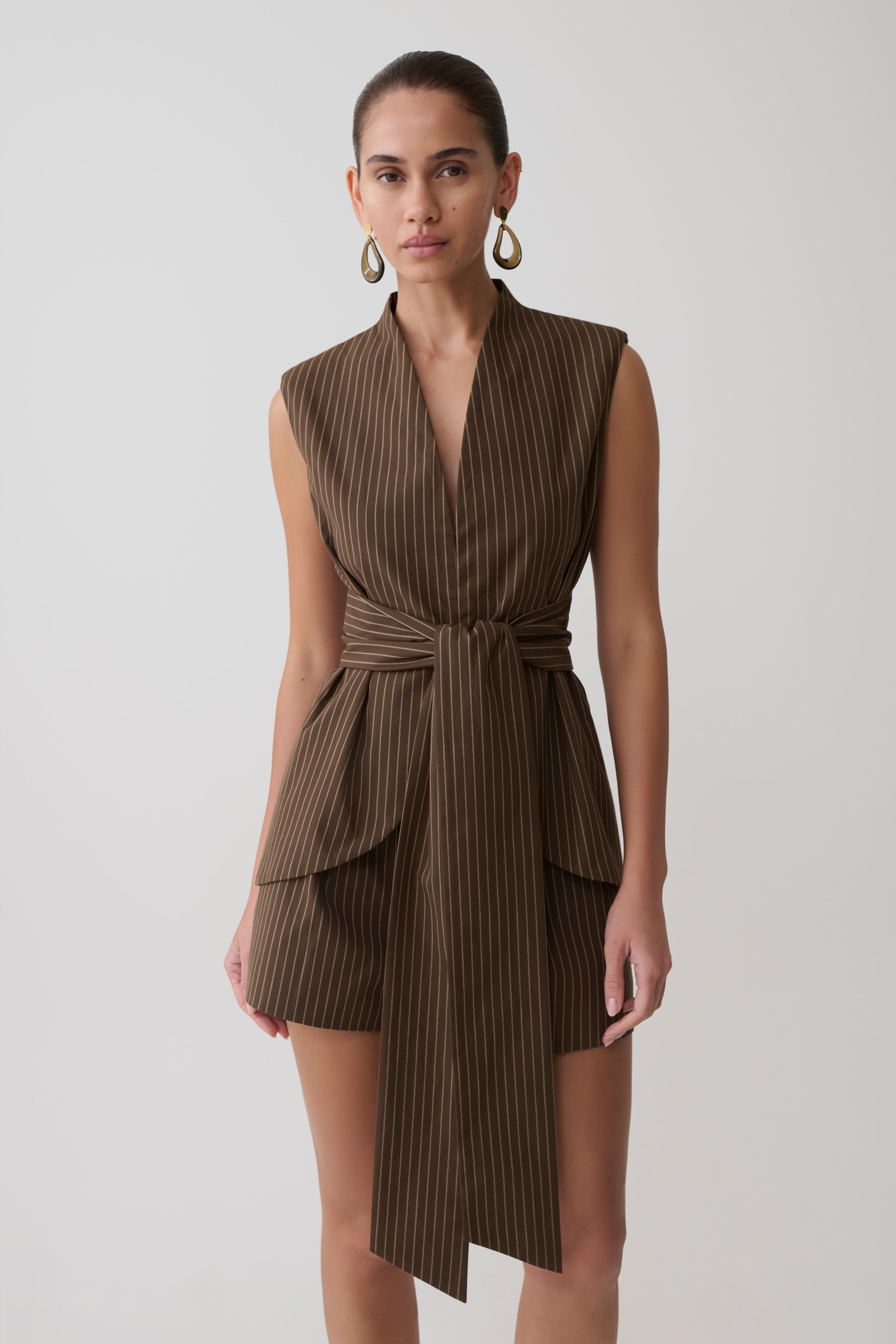 Alina Waist Tie Sleeveless Top - Chocolate