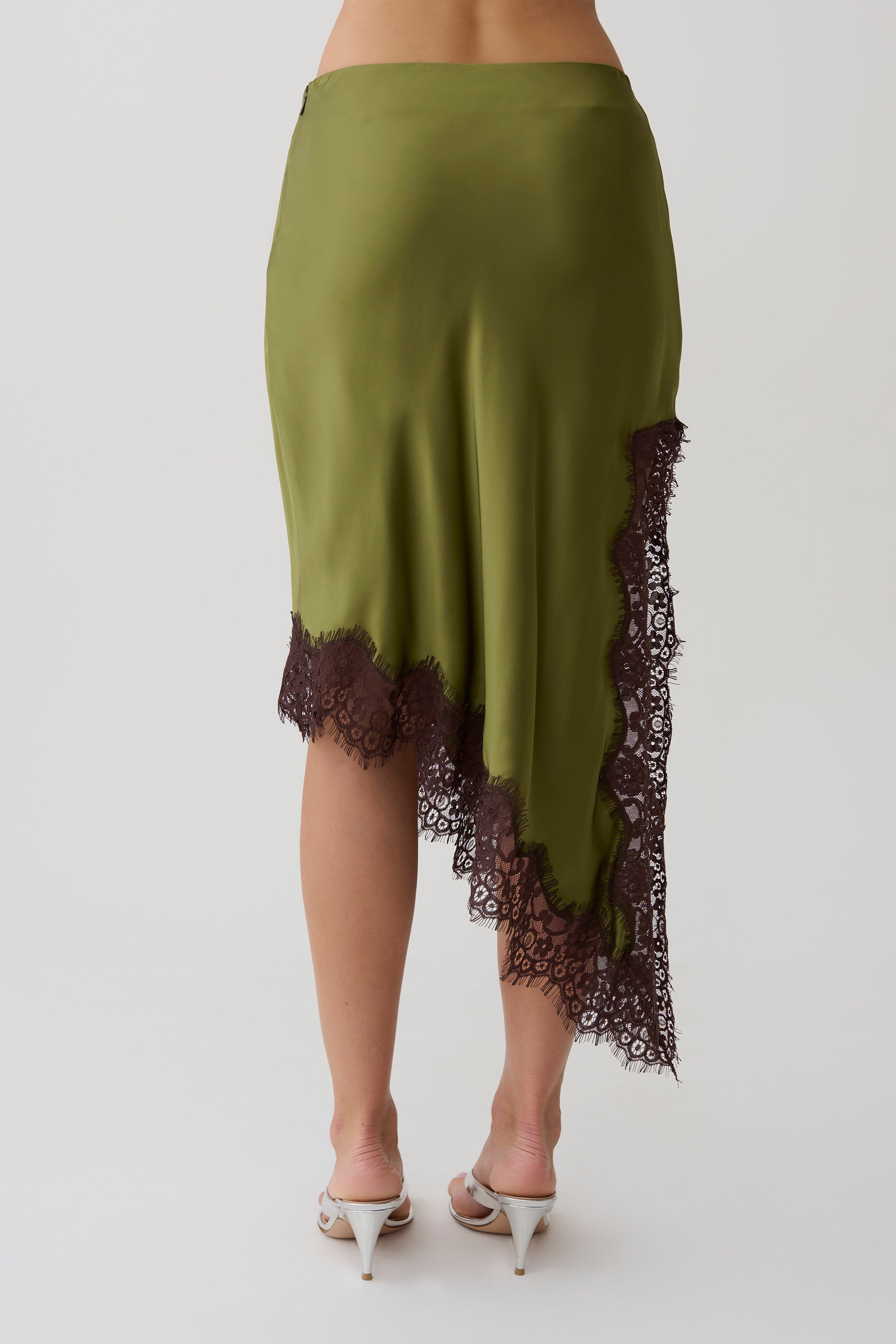 Amber Satin And Lace Midi Skirt - Olive