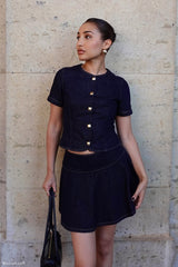 Bethany Short Sleeve Buttoned Denim Top - Washed Indigo Blue