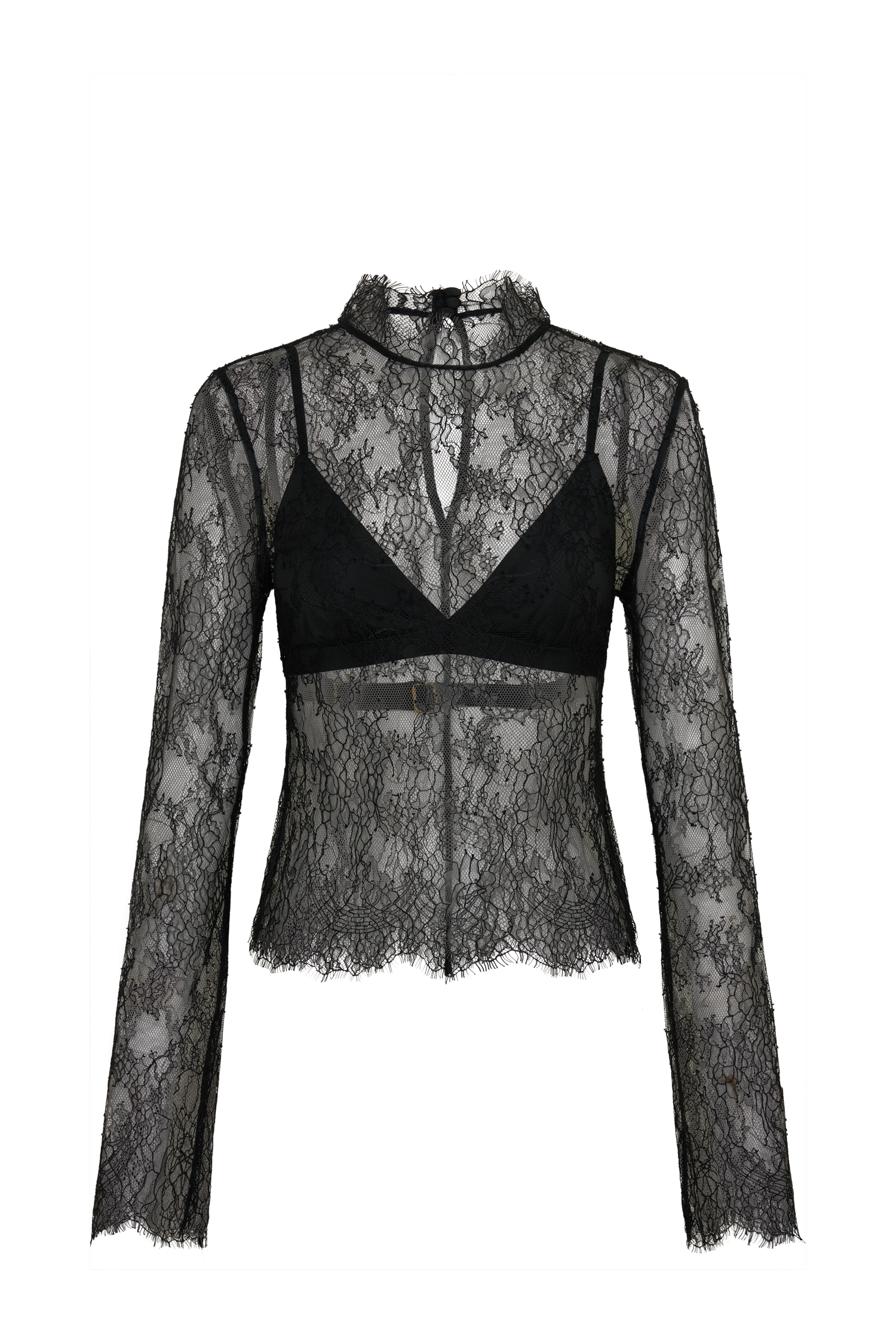 Alizette High Neck Long Sleeve Lace Top - Black
