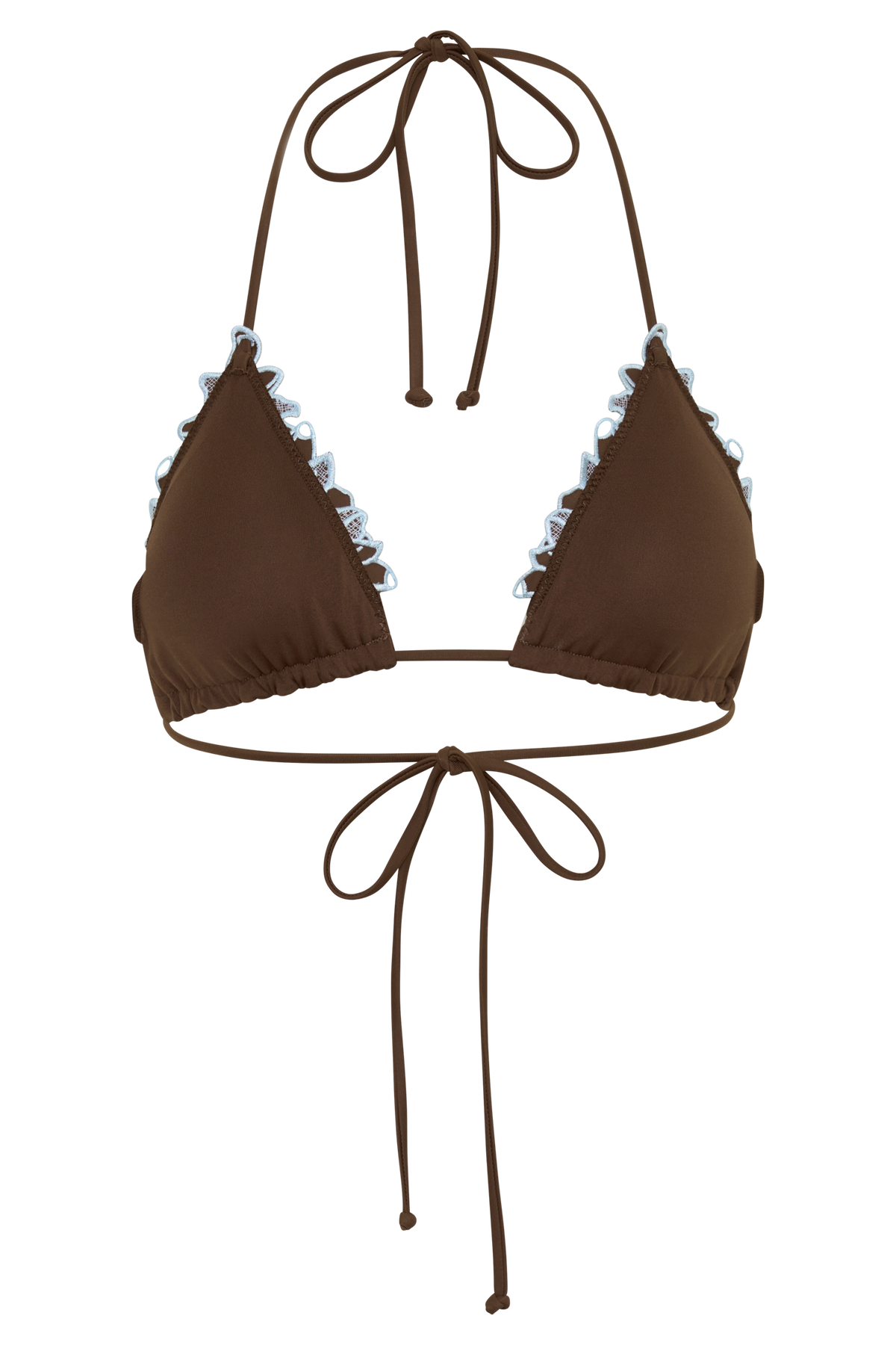 Bloom Embroidered Triangle Bikini Top - Chocolate With Pale Blue Embroidery