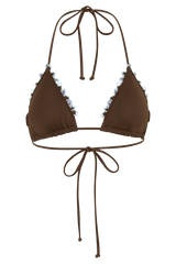 Bloom Embroidered Triangle Bikini Top - Chocolate With Pale Blue Embroidery