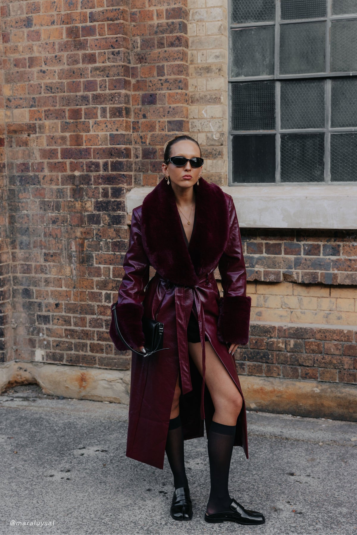 Bec Faux Leather Trench Coat With Faux Fur - Cherry Red